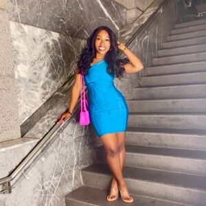 Teal bandage one shoulder dress